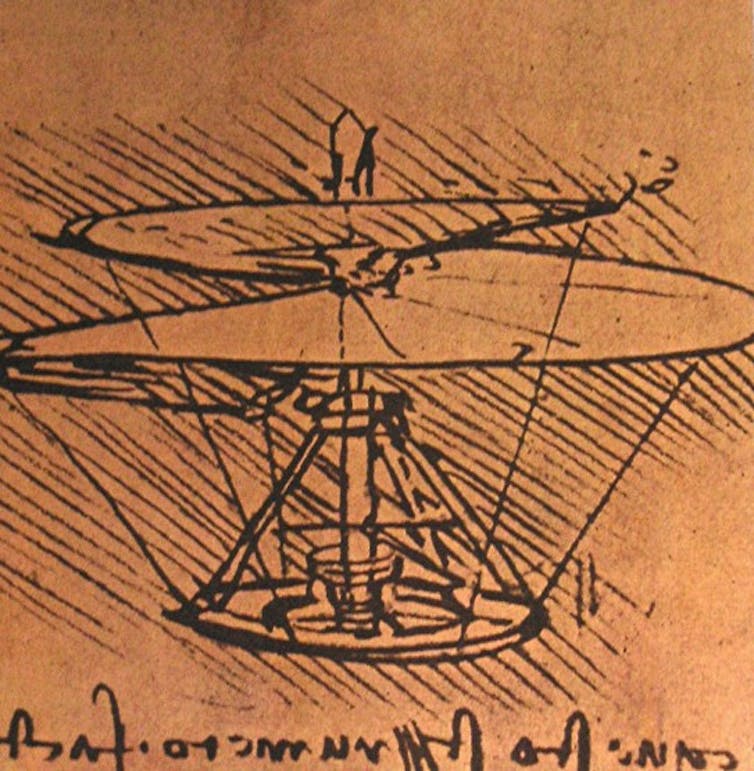 A sketch of a human–powered helicopter with a large spiral propeller on top.